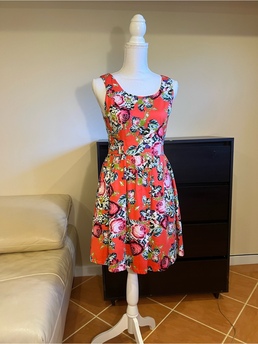 Sleeveless Coral Floral Fit-and-Flare Midi Dress